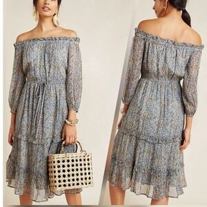 Anthropologie Kira Floral Off Shoulder Midi Dress Tiered Ruffle Sz 6 Boho Cottag